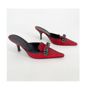 Prada Vintage Red Suede Tweed Bow Pointed Toe Kitten Heel Mule Heels IT 36.5
